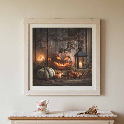 Halloween Jack O Lantern Canvas Wall Art – canvas print shown framed in a styled room