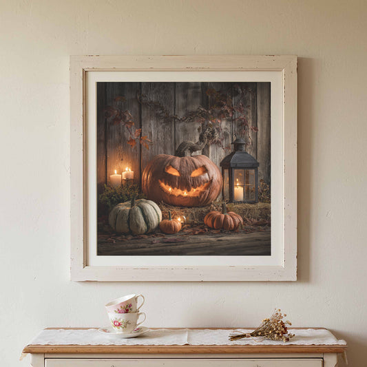 Halloween Jack O Lantern Canvas Wall Art – canvas print shown framed in a styled room