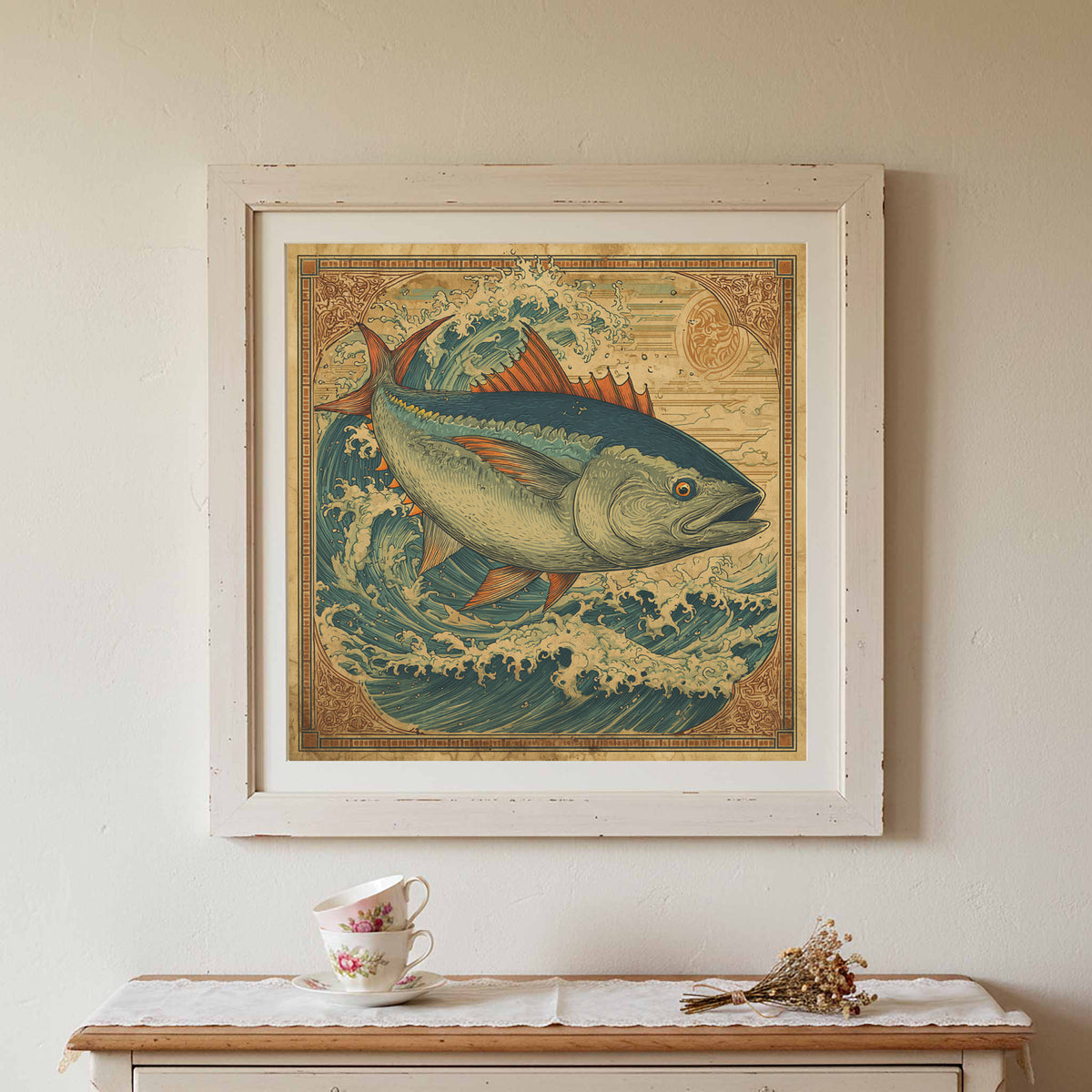 Vintage Tuna Ocean Wall Art – styled room view 3