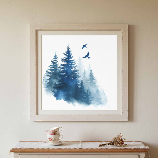 Forest Birds Wall Art – canvas print shown framed in a styled room