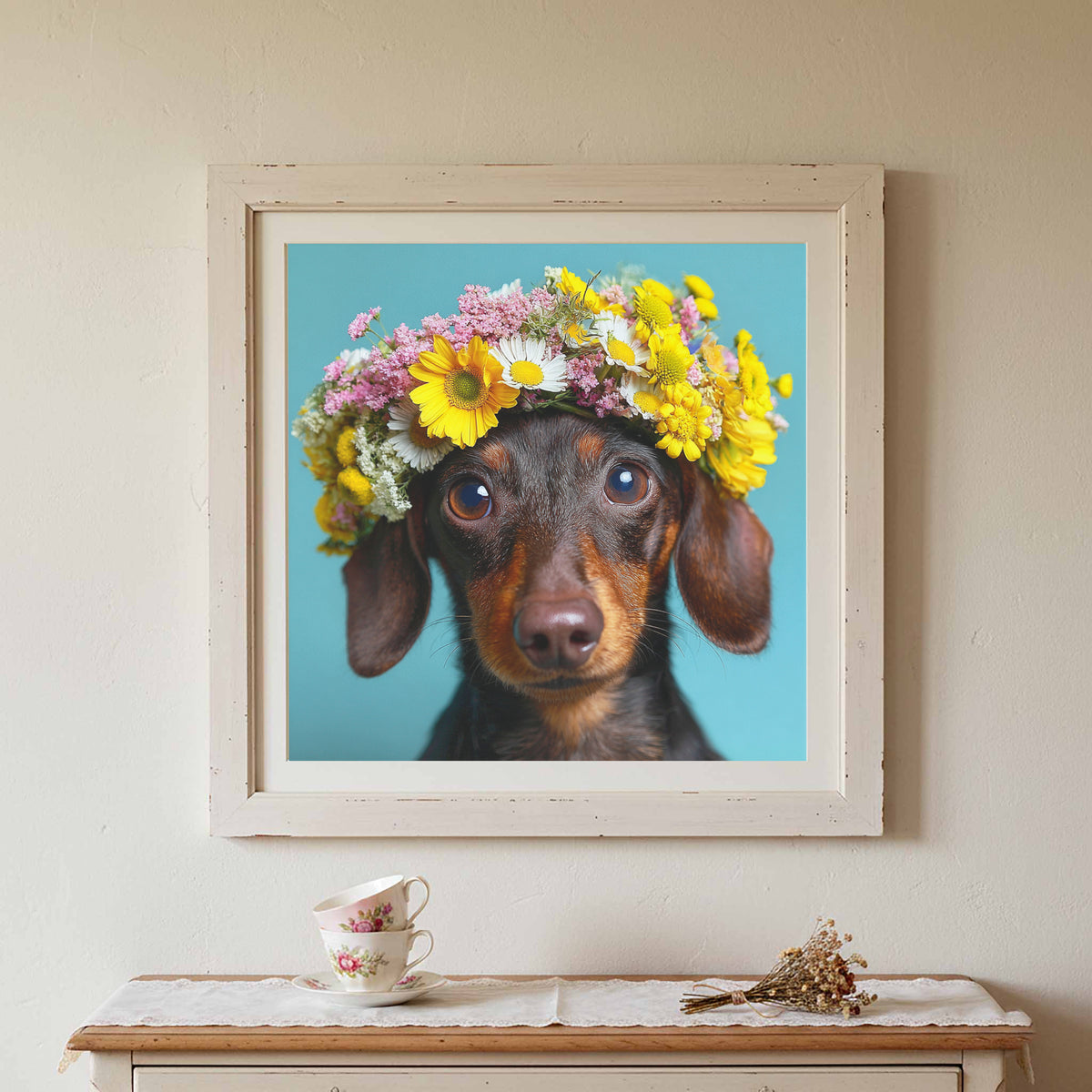 Dachshund Flower Crown Canvas Print – styled room view 3