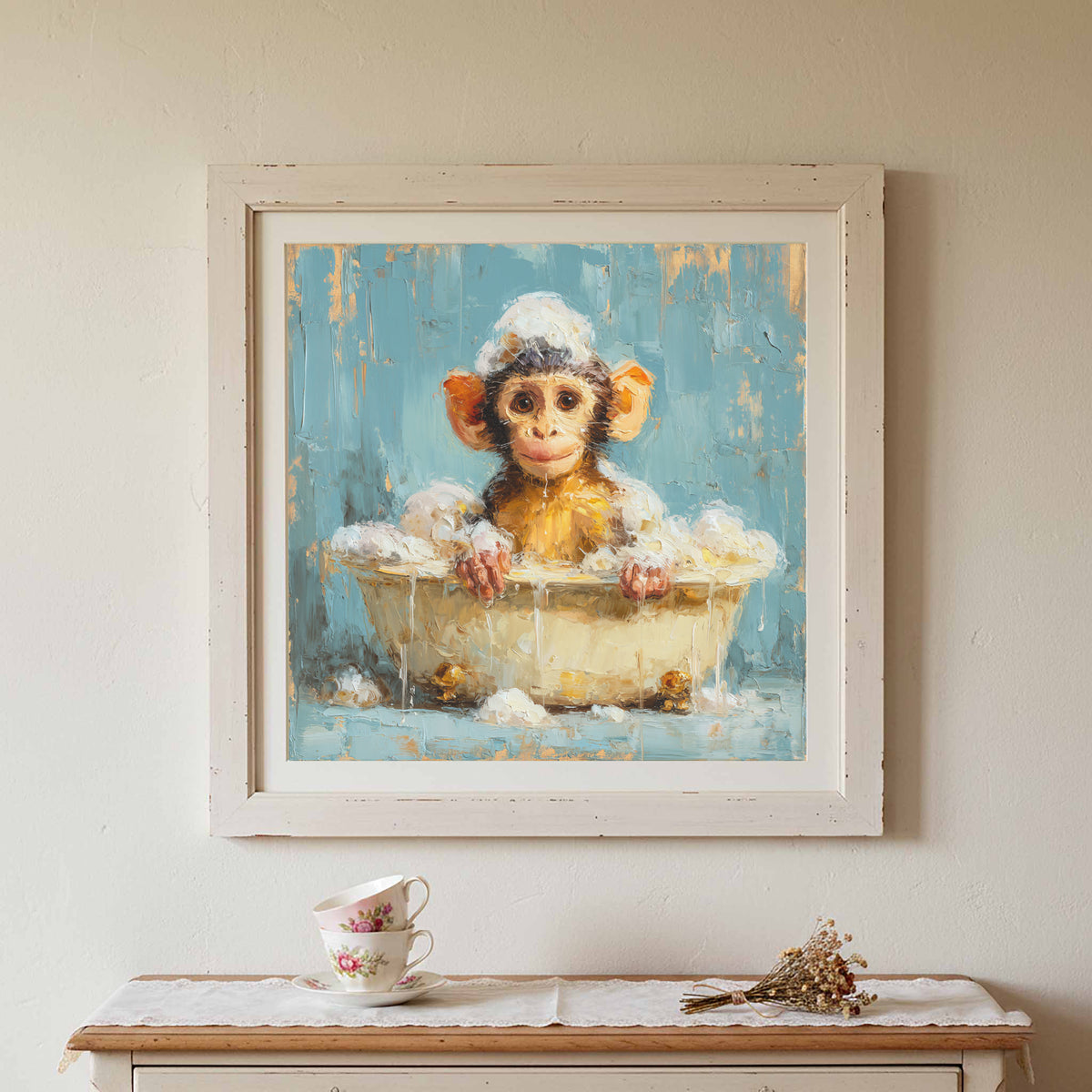 Young Monkey Bathtub Print – styled room view 2