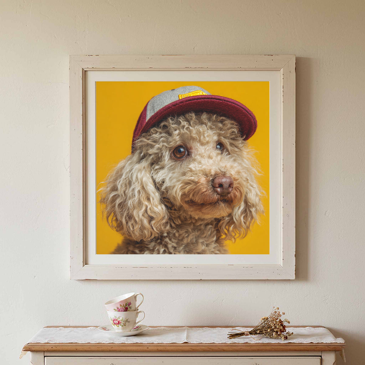 Poodle Baseball Cap Canvas Print – canvas print shown framed in a styled room