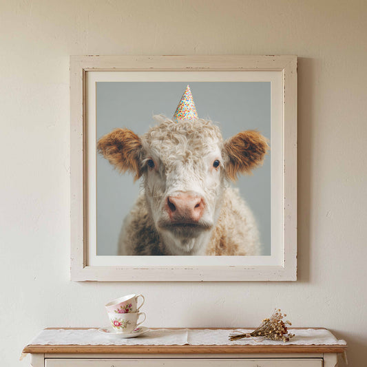 Cute Cow Party Hat Canvas Print – canvas print shown framed in a styled room