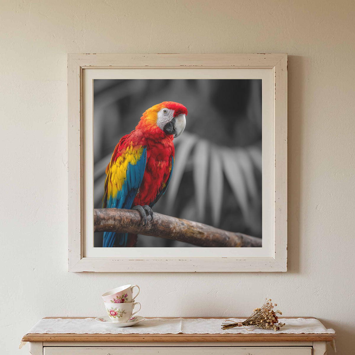 Scarlet Macaw Canvas Wall Art – canvas print shown framed in a styled room