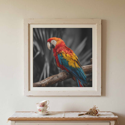 Scarlet Macaw Parrot Canvas Wall Art – canvas print shown framed in a styled room