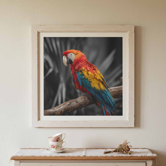 Scarlet Macaw Parrot Canvas Wall Art – canvas print shown framed in a styled room