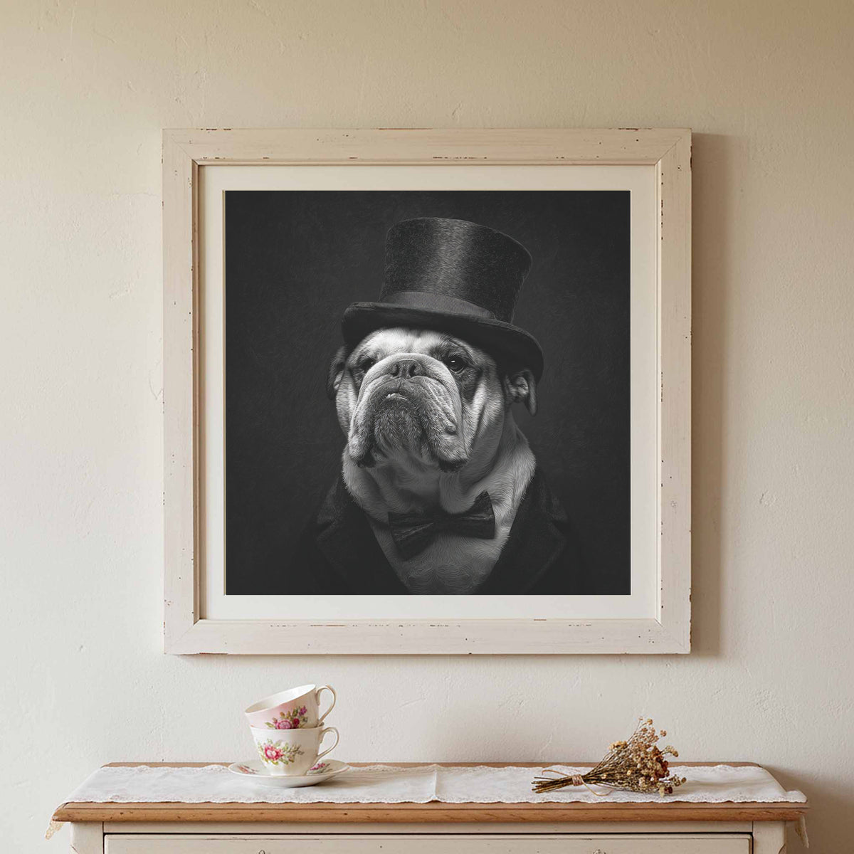 Bulldog Top Hat Canvas Print – styled room view 4