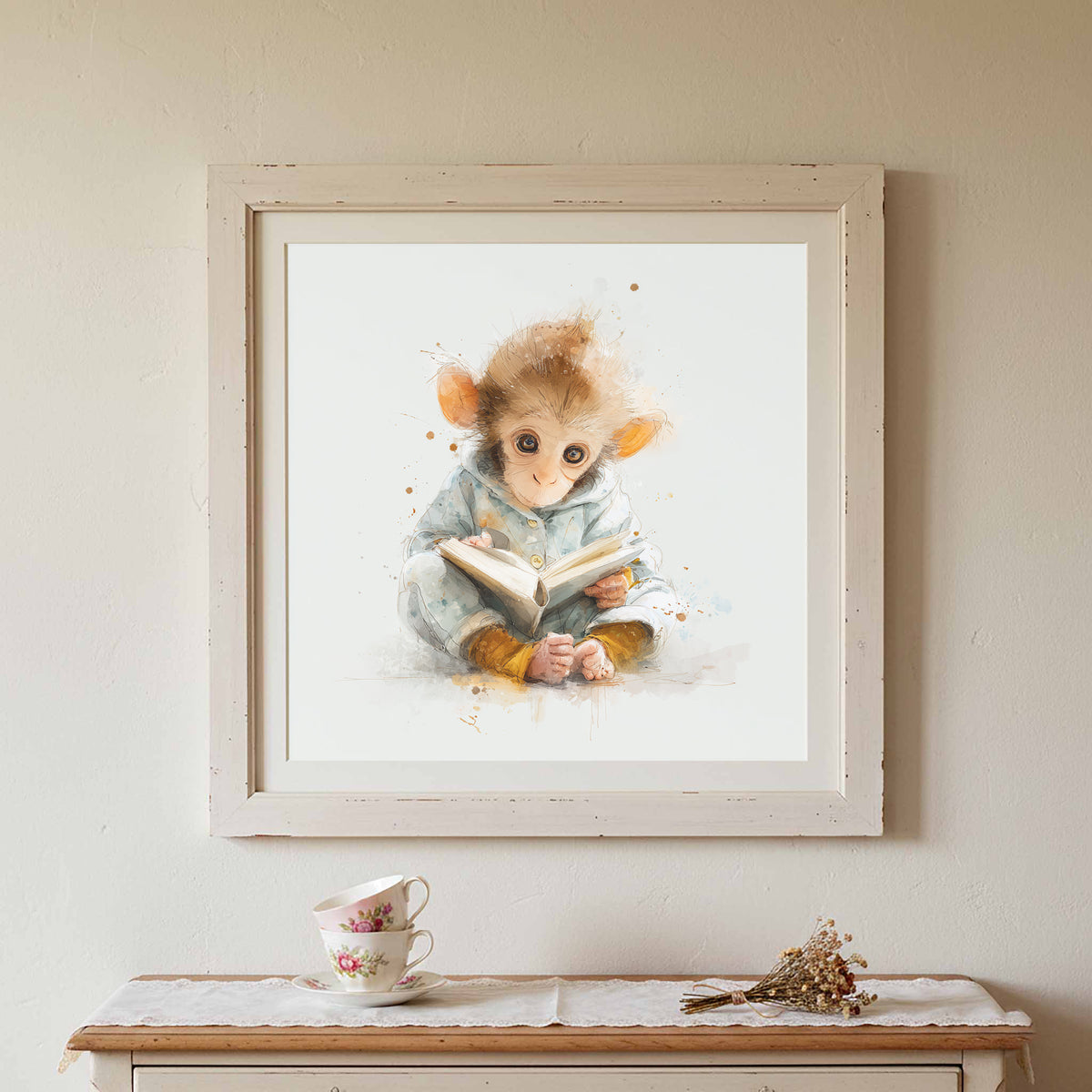 Baby Monkey Reading Wall Art – styled room view 2