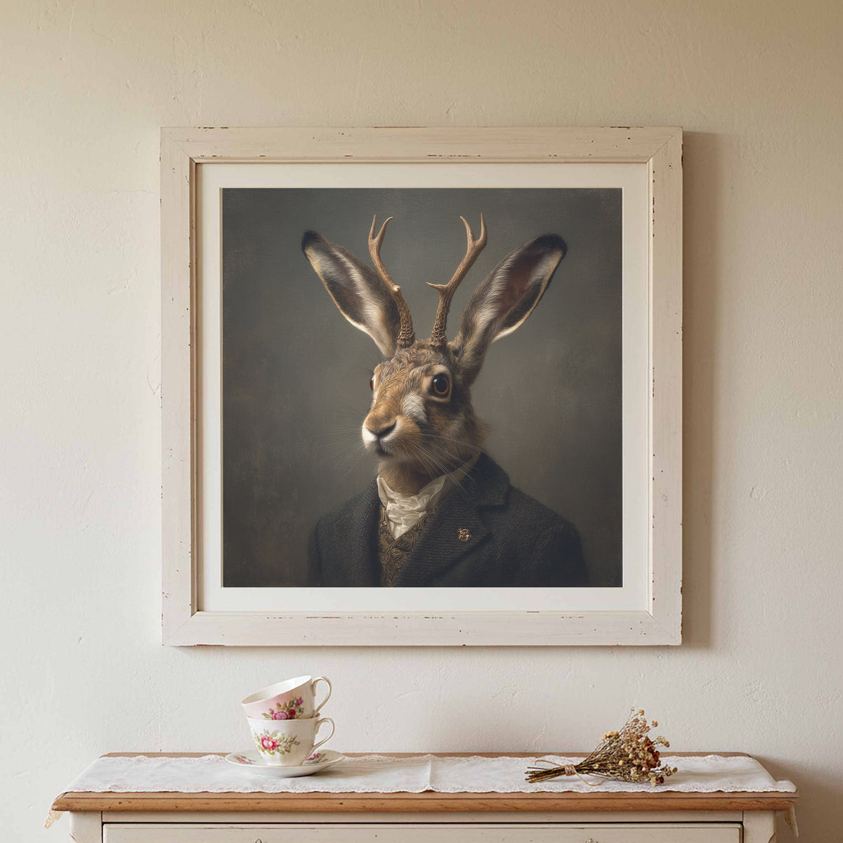 Jackalope Portrait Print – canvas print shown framed in a styled room