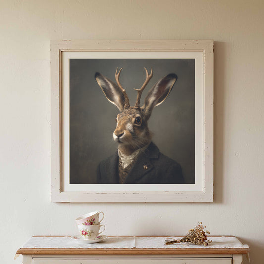 Jackalope Portrait Print – canvas print shown framed in a styled room