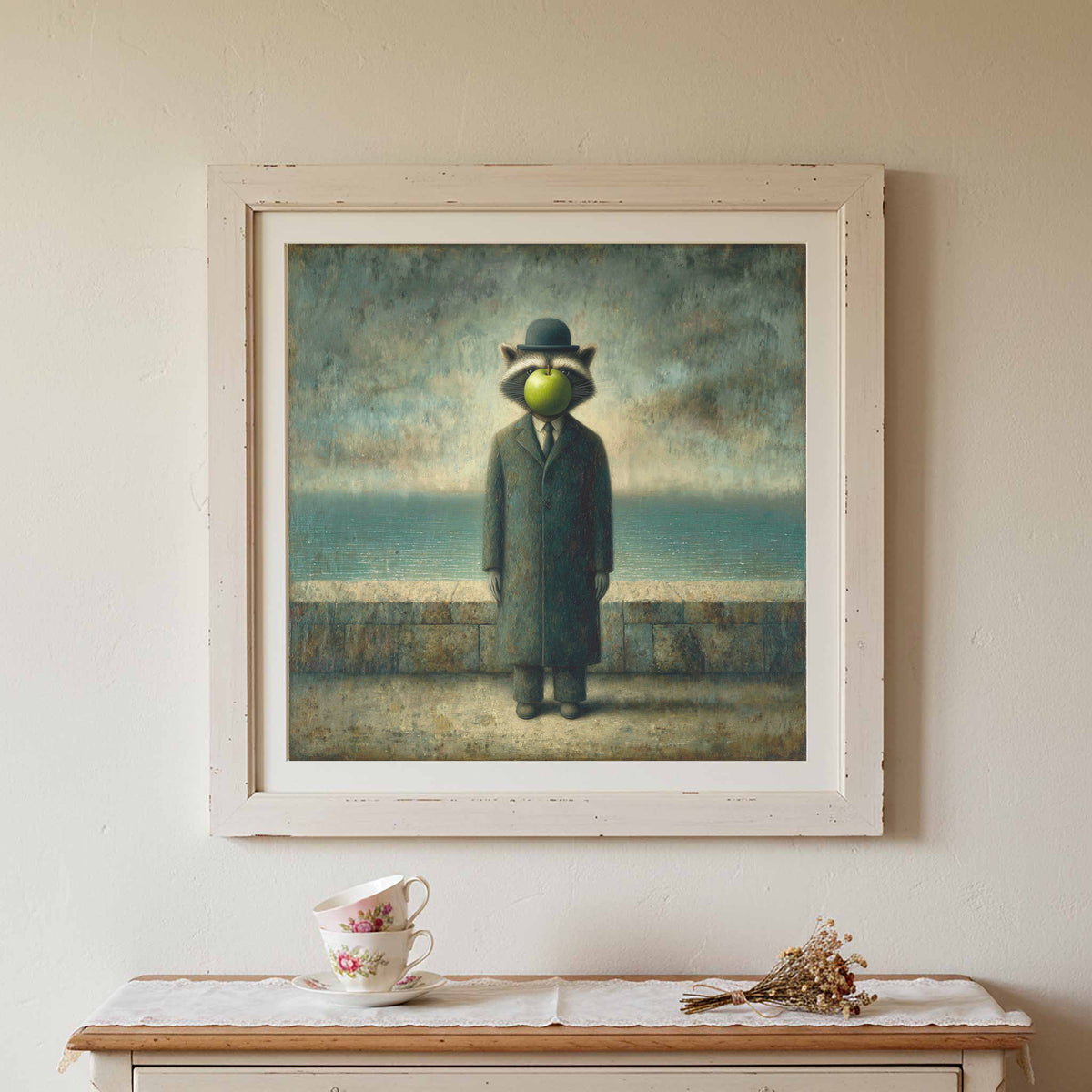 Surreal Raccoon Canvas Art – styled room view 3