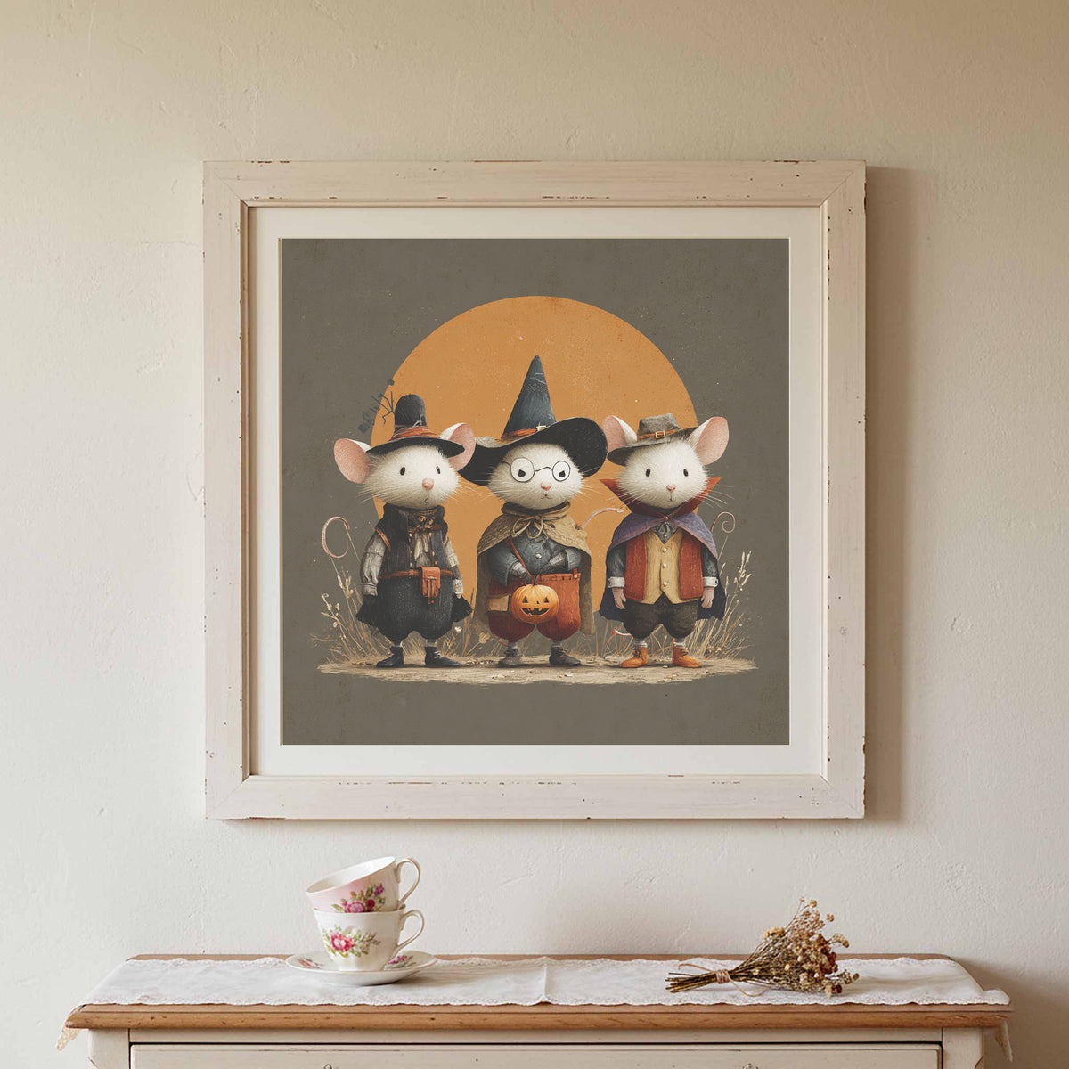 Halloween Mice Canvas Print – canvas print shown framed in a styled room