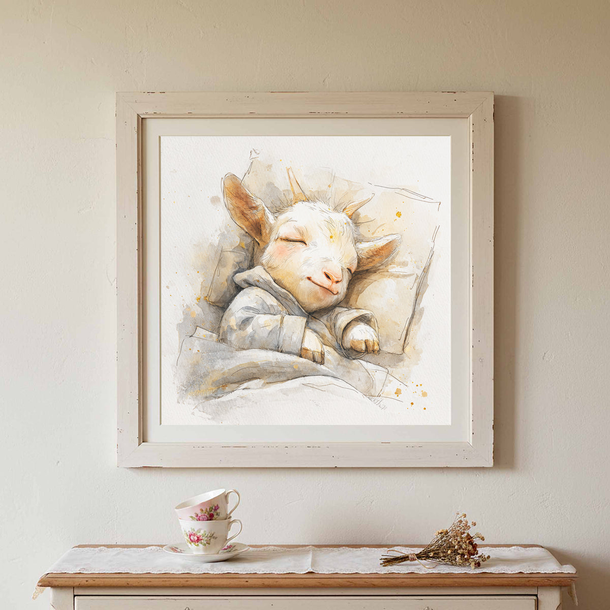 Sleeping Baby Goat Canvas Art – styled room view 2