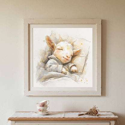 Sleeping Baby Goat Canvas Art – styled room view 2