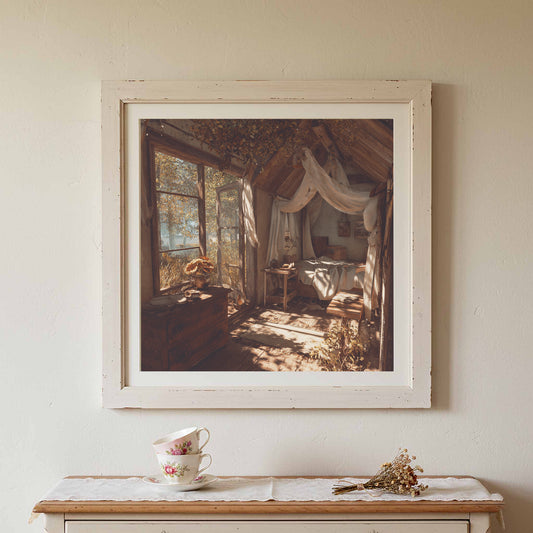 Cottagecore Bedroom Canvas Print – canvas print shown framed in a styled room