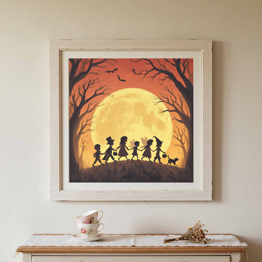 Halloween Trick or Treat Canvas Wall Art – canvas print shown framed in a styled room