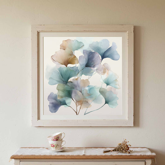 Abstract Ginkgo Watercolor Print – canvas print shown framed in a styled room