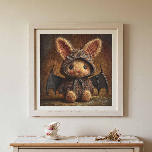 Cute Bunny Bat Costume Print – canvas print shown framed in a styled room