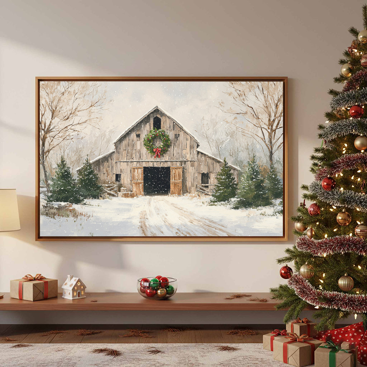 Christmas Barn Canvas Wall Art – styled room view 5