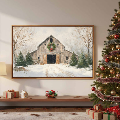 Christmas Barn Canvas Wall Art – styled room view 5