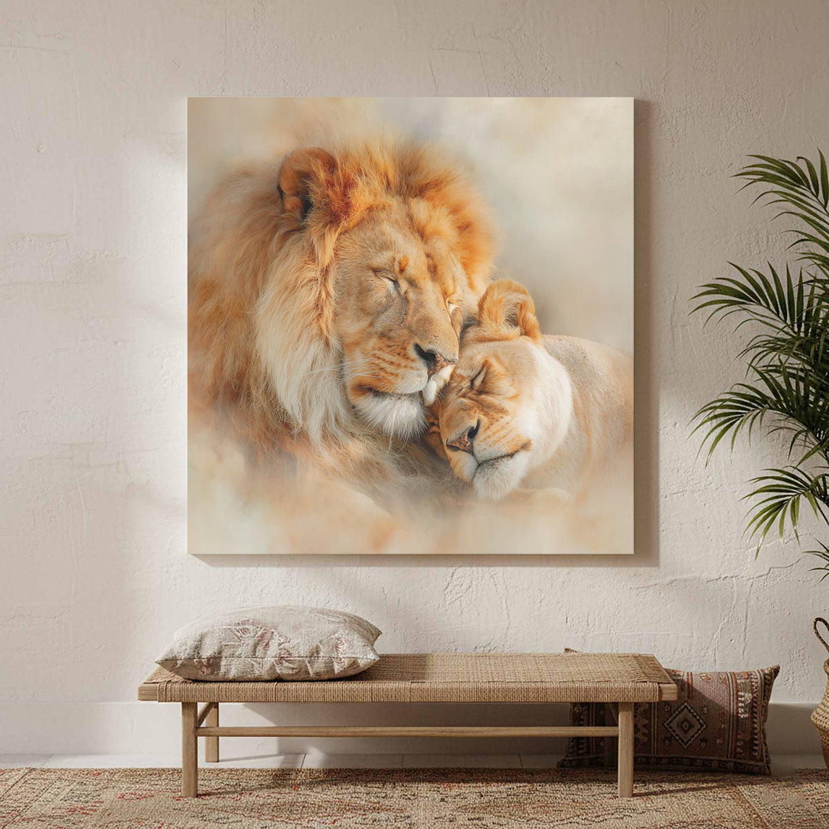 Lion Couple Canvas Art – styled room view 4