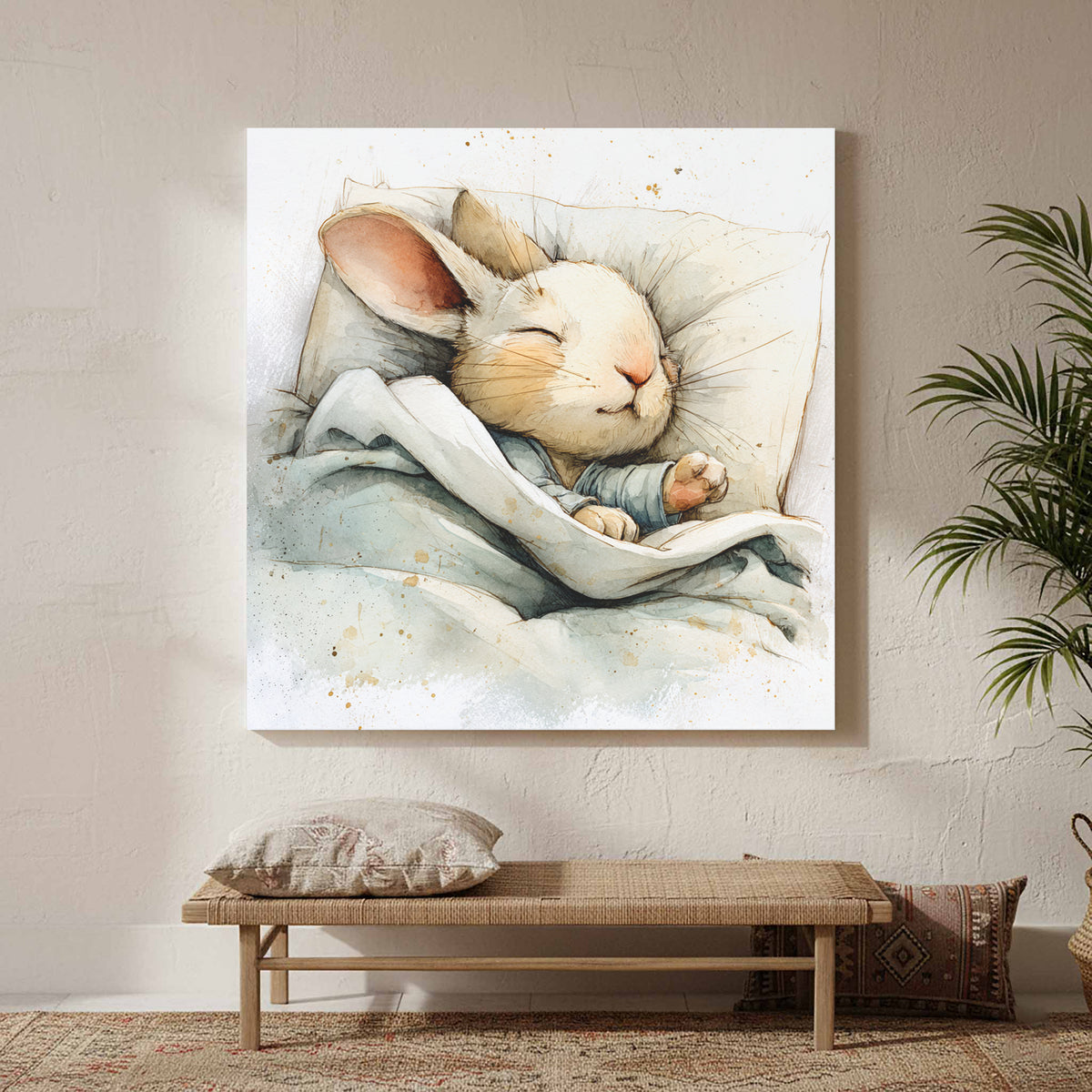 Sleeping Rabbit Canvas Print – styled room view 3