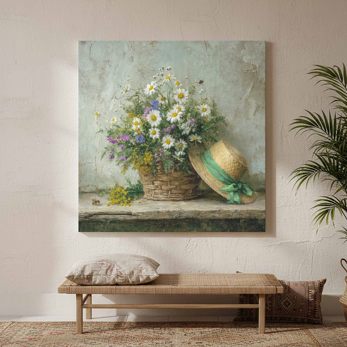 Rustic Wildflower Basket Canvas Art – styled room view 2