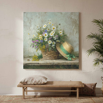 Rustic Wildflower Basket Canvas Art – styled room view 2
