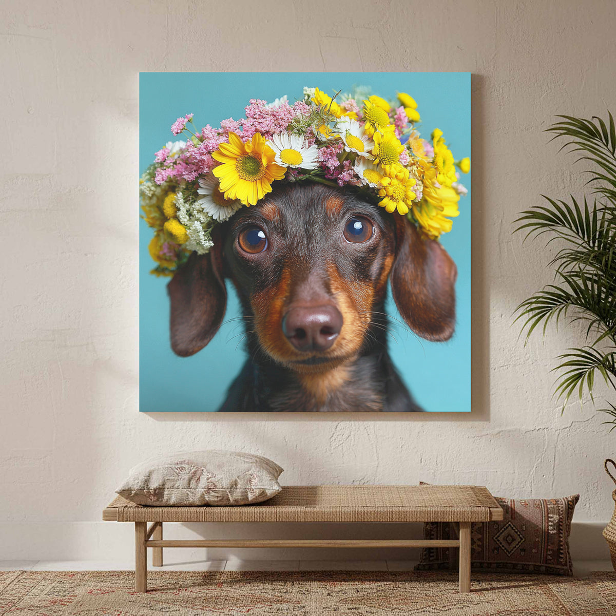 Dachshund Flower Crown Canvas Print – styled room view 4