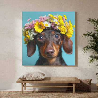 Dachshund Flower Crown Canvas Print – styled room view 4