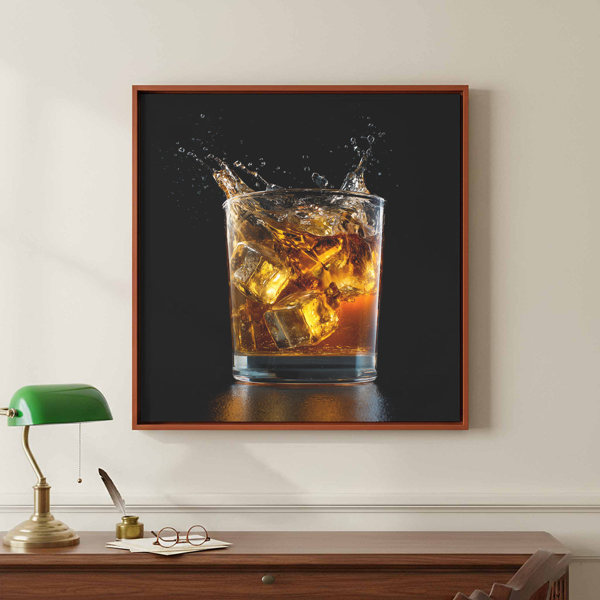 Whiskey Glass Canvas Print – canvas print shown framed in a styled room
