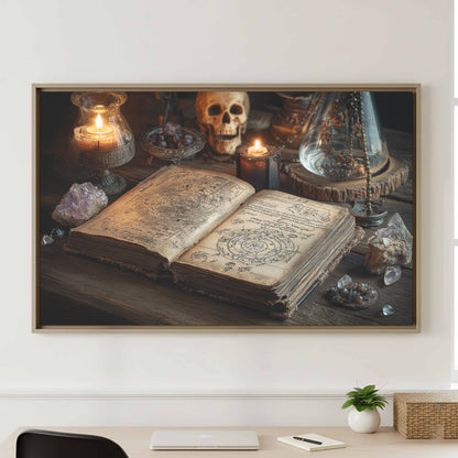 Dark Academia Spellbook Canvas Print – canvas print shown framed in a styled room