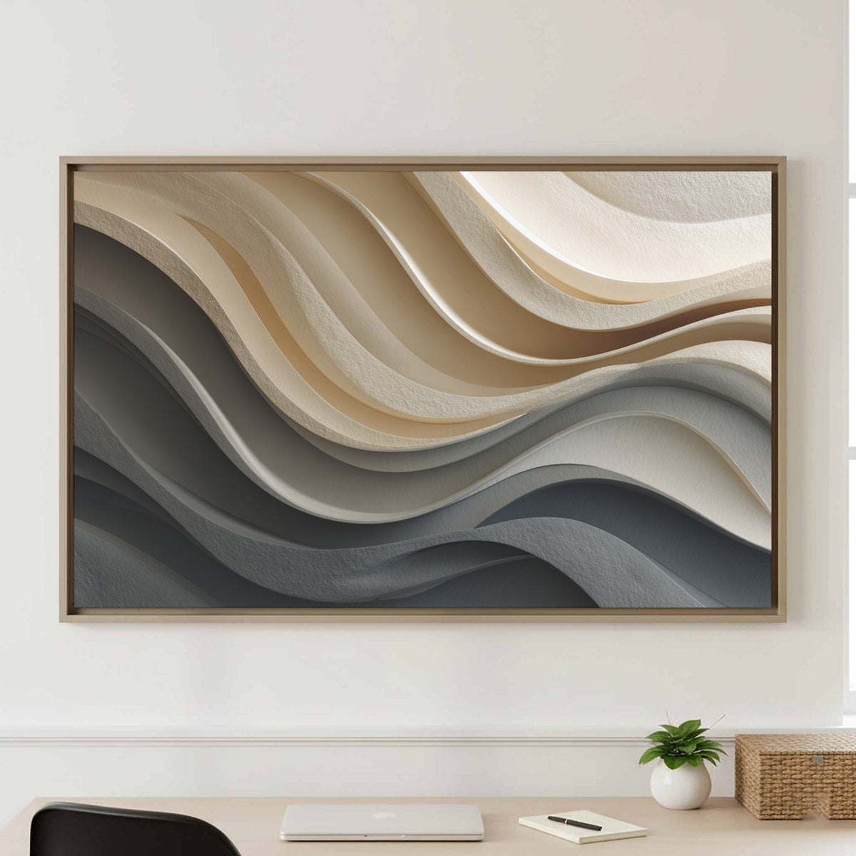 Abstract Sculptural Wall Art – canvas print shown framed in a styled room
