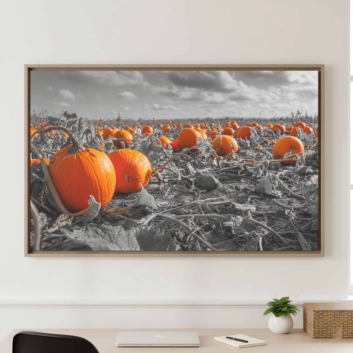 Orange Pumpkin Field Canvas Wall Art – styled room view 4