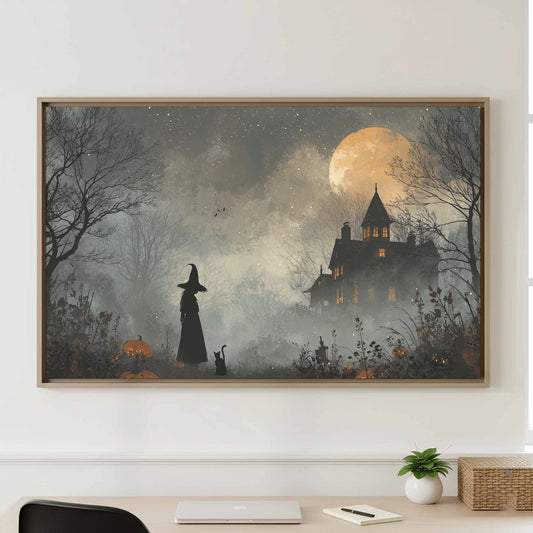Spooky Witch Halloween Wall Art – canvas print shown framed in a styled room