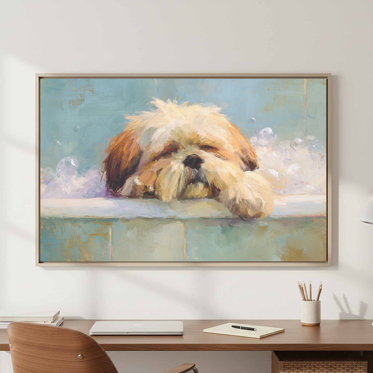 Relaxing Shih Tzu Bath Wall Art – styled room view 3