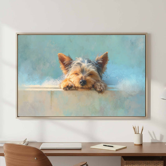 Yorkshire Terrier Bath Art Print – canvas print shown framed in a styled room
