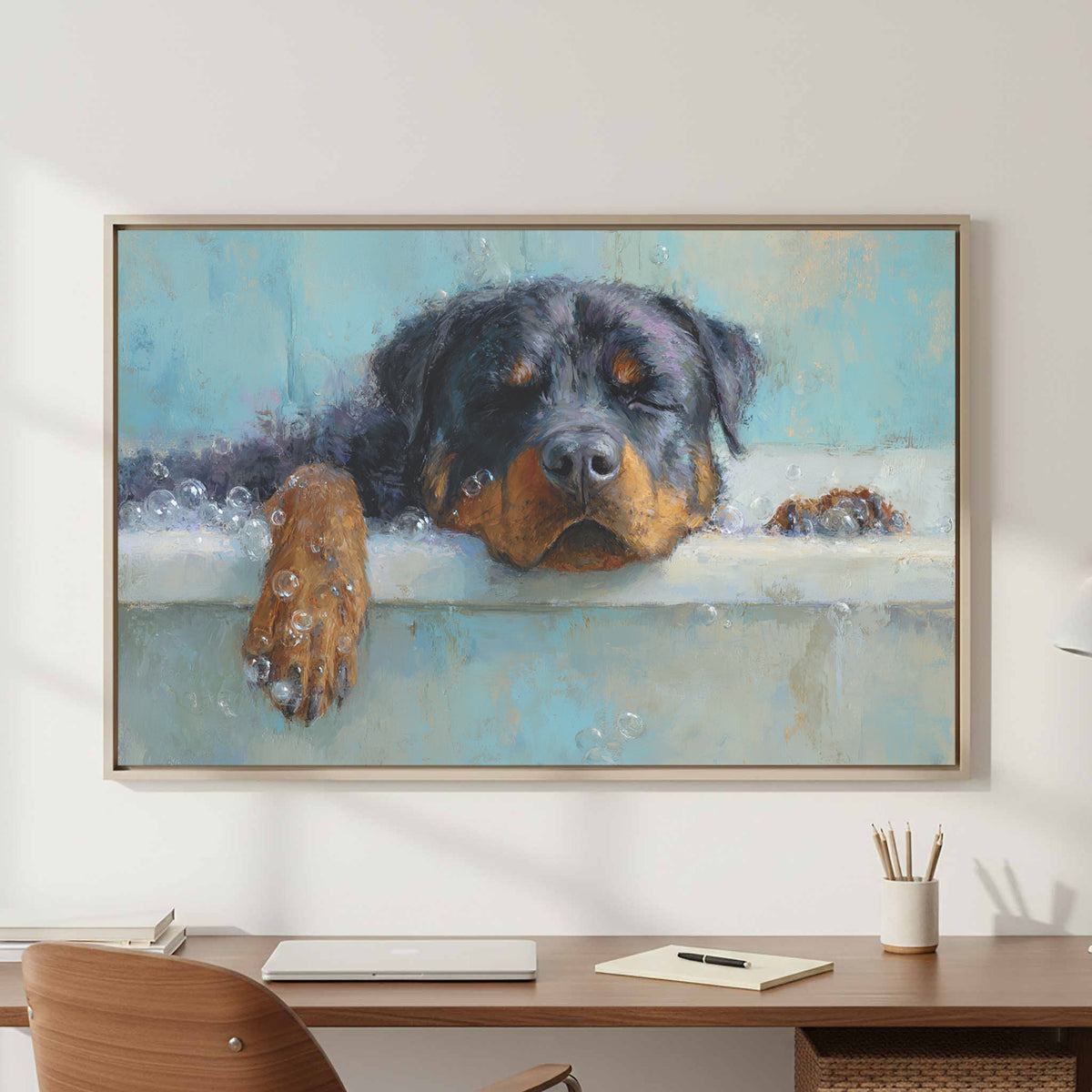 Rottweiler Bath Time Art Print – styled room view 2