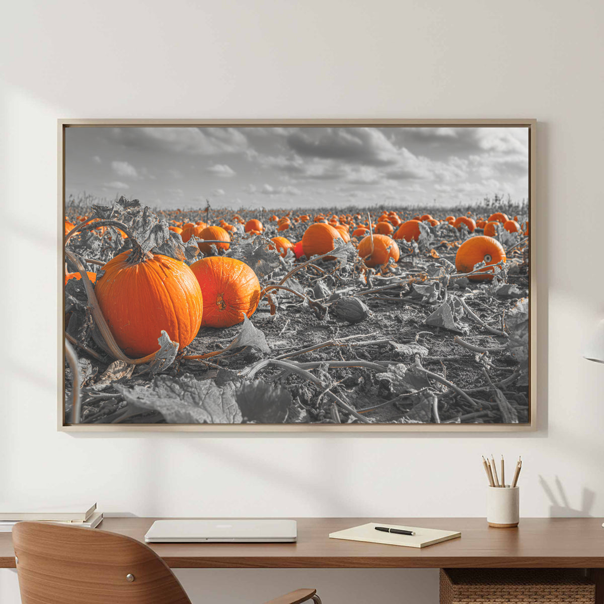 Orange Pumpkin Field Canvas Wall Art – styled room view 5