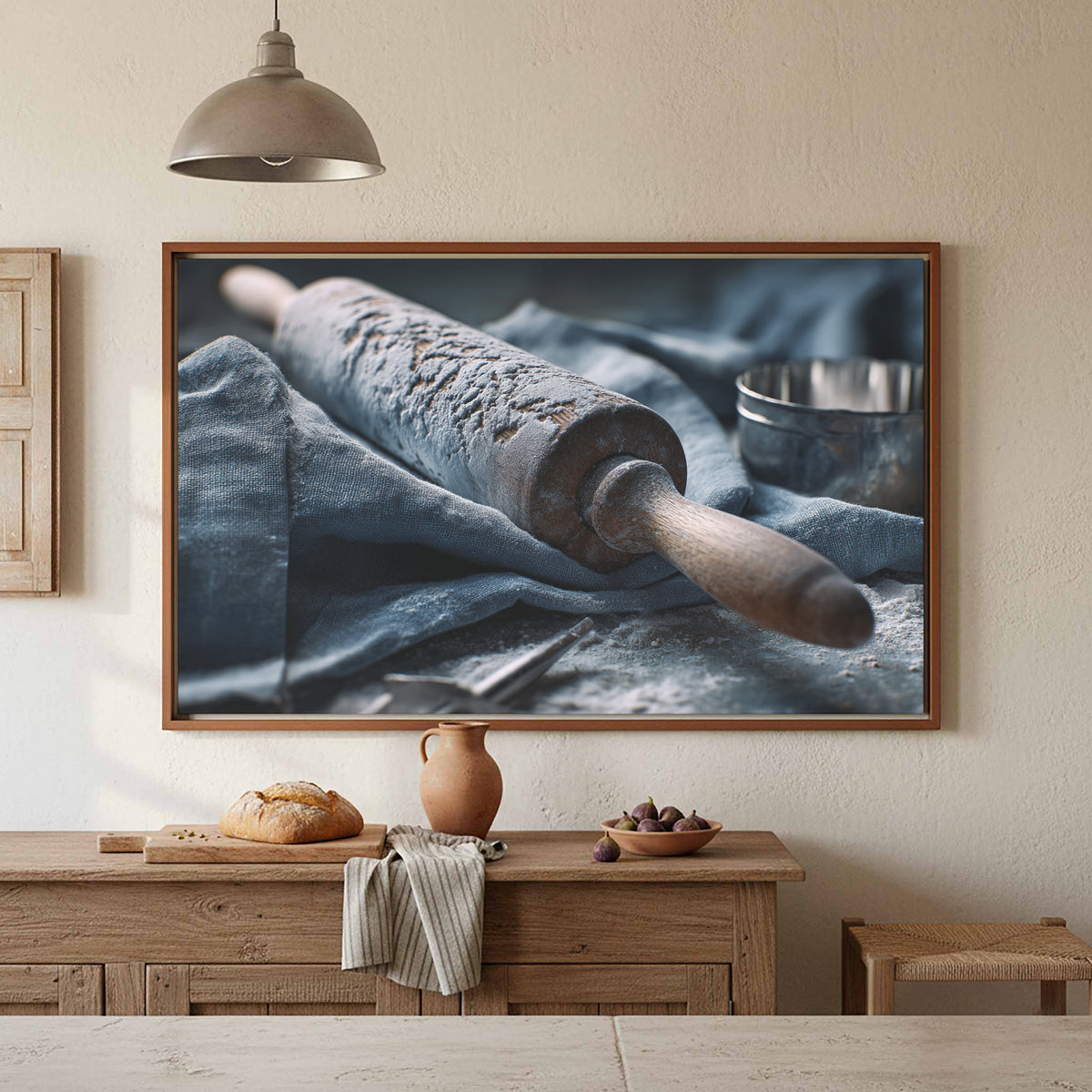 Rustic Kitchen Rolling Pin Canvas Art – styled room view 3