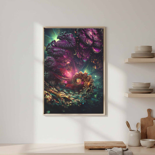 Dark Fantasy Kale Wall Art – canvas print shown framed in a styled room