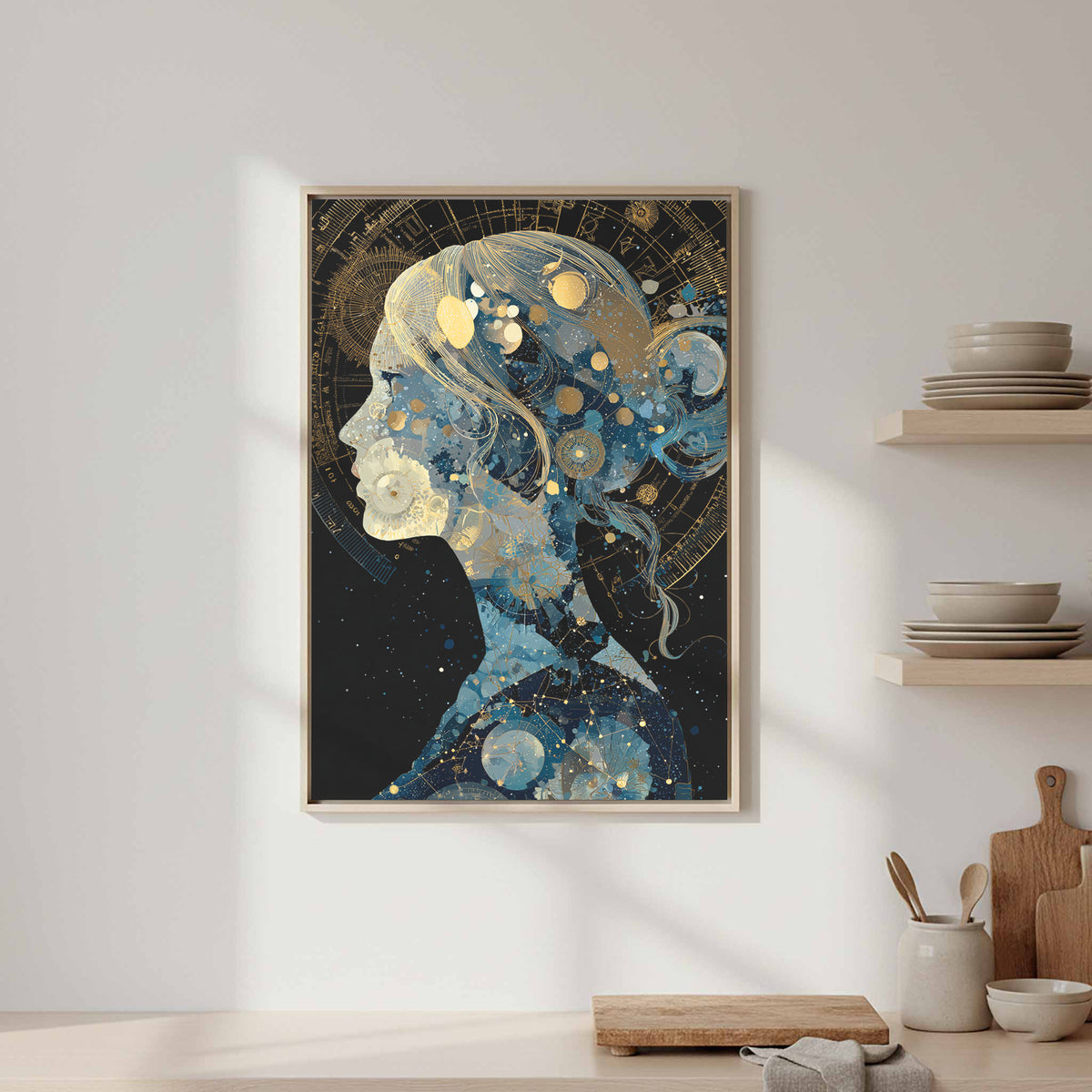 Celestial Woman Silhouette Canvas Art – canvas print shown framed in a styled room
