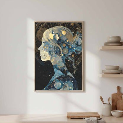 Celestial Woman Silhouette Canvas Art – canvas print shown framed in a styled room