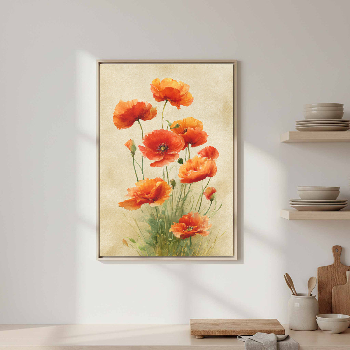 Red Poppy Watercolor Canvas Art – styled room view 4