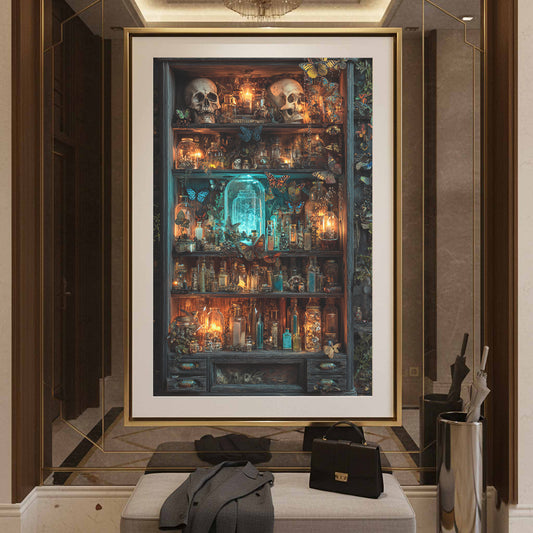 Witch Cabinet Curiosities Canvas Art – canvas print shown framed in a styled room