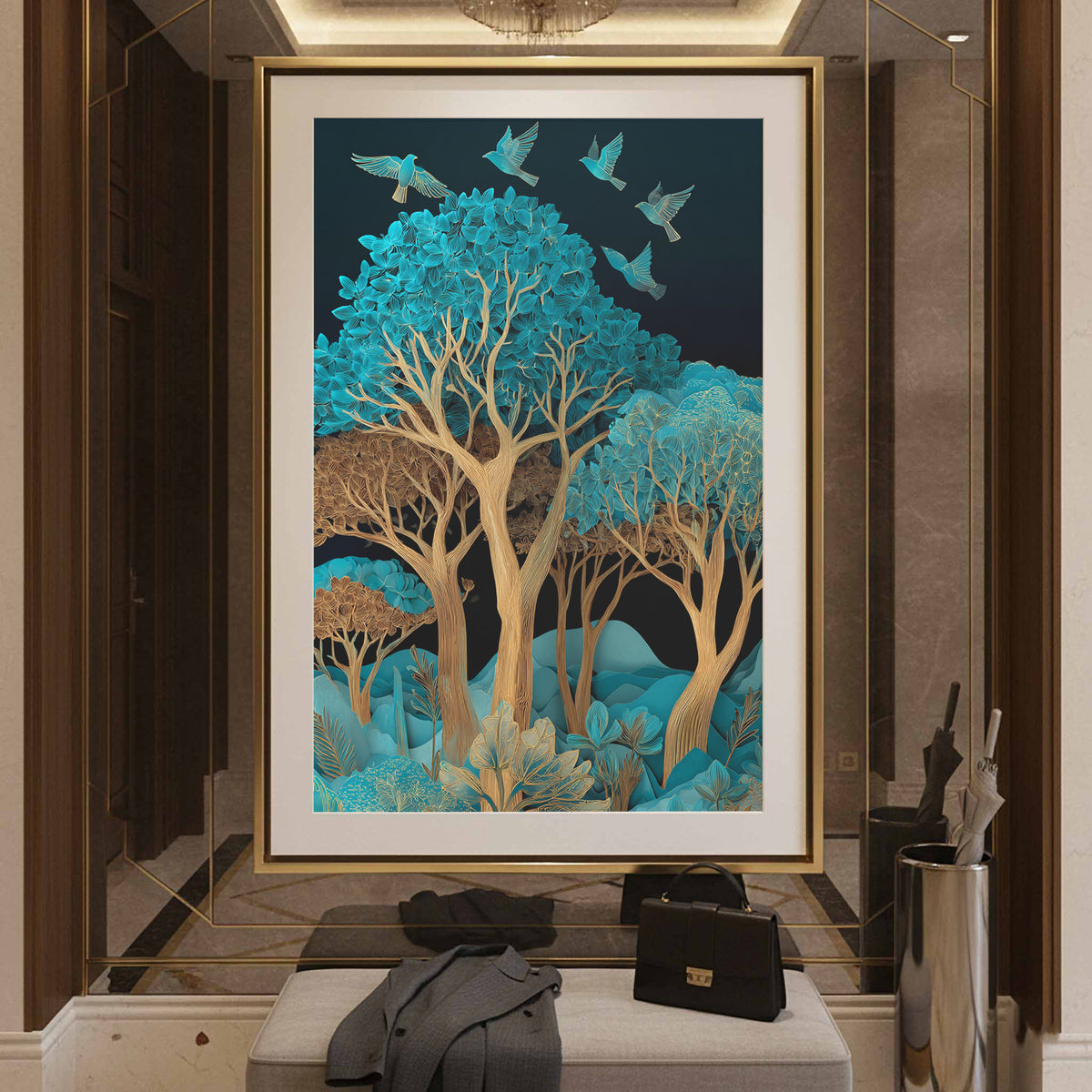 Turquoise Paper Cut Art Canvas Print – styled room view 3