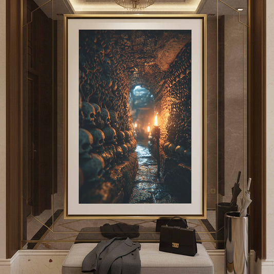Dark Catacomb Canvas Wall Art – canvas print shown framed in a styled room