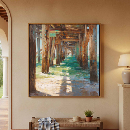 Beach Pier Canvas Wall Art – canvas print shown framed in a styled room