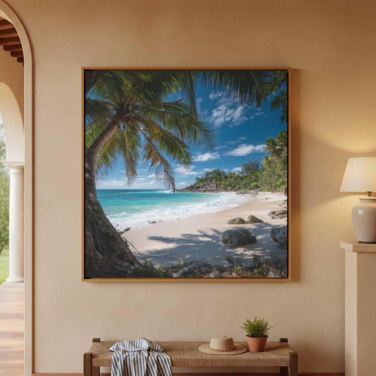 Tropical Beach Palm Tree Canvas Wall Art – canvas print shown framed in a styled room